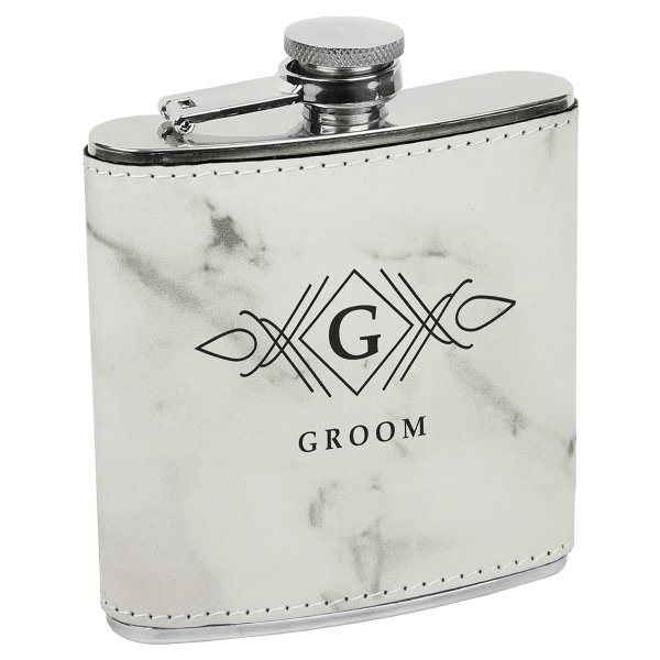 6 oz.White Marble Engraved Faux Leather Stainless Steel Flask - White Marble