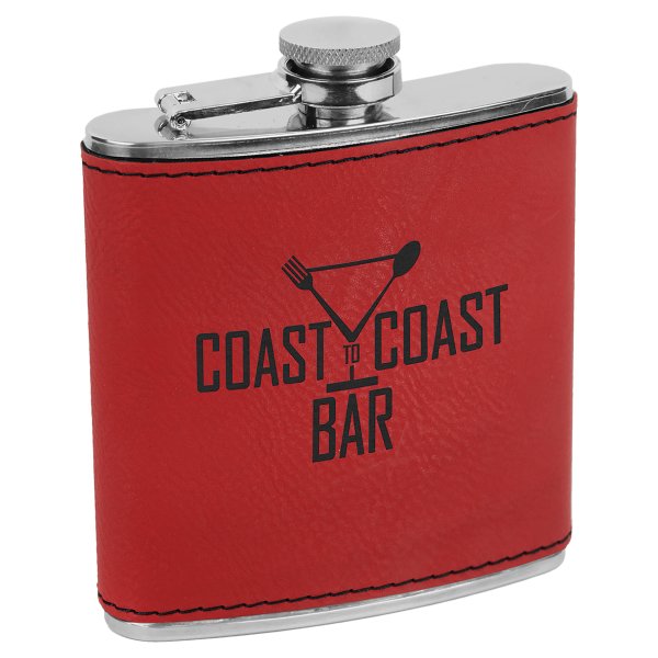 6 oz. Red Engraved Faux Leather Stainless Steel Flask - Red