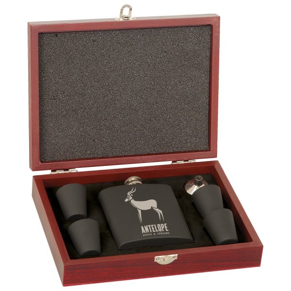 6 oz. Matte Black Custom Engraved Stainless Steel Flask Set in Wood Presentation Box - Matte Black