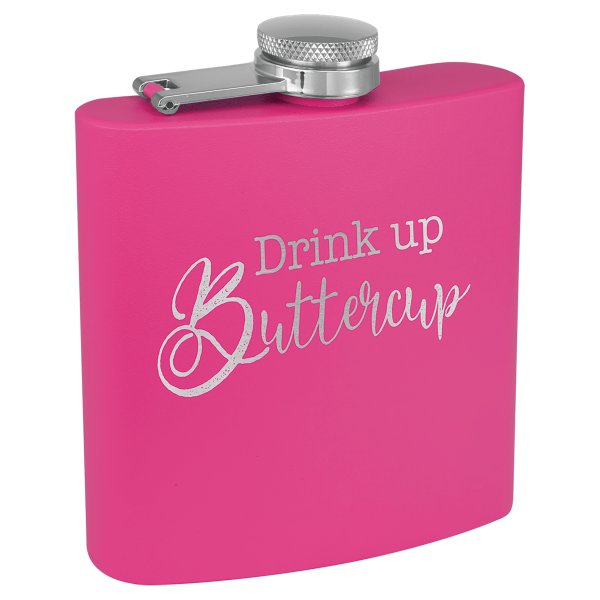 6 oz. Matte Pink Powder Coated Custom Engraved Stainless Steel Flask - Pink
