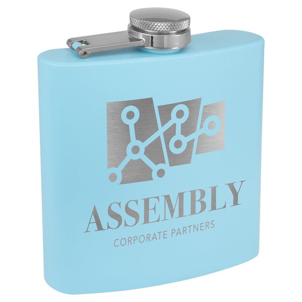 6 oz. Matte Light Blue Powder Coated Custom Engraved Stainless Steel Flask - Light Blue