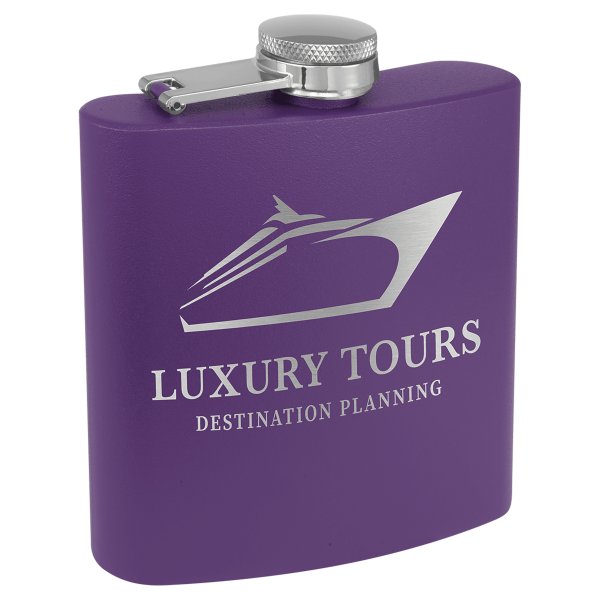 6 oz. Matte Purple Powder Coated Custom Engraved Stainless Steel Flask - Purple