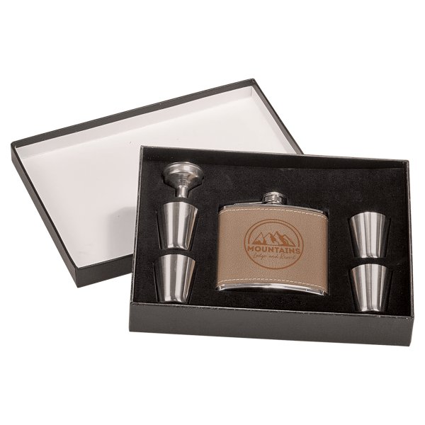 6 oz. Leather Flask Set in Black Presentation Box - Leather