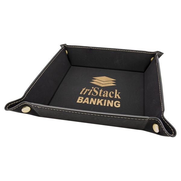 6" x 6" Black/Gold Engraved Faux Leather Snap Up Tray with Gold Snaps - Black