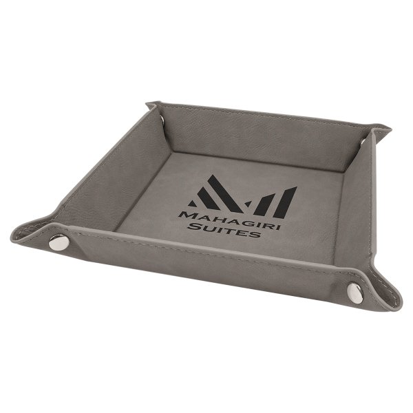 6" x 6" Gray Engraved Faux Leather Snap Up Tray with Silver Snaps - Gray