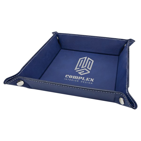 6" x 6" Blue/Silver Engraved Faux Leather Snap Up Tray with Silver Snaps - Blue