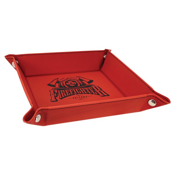 6" x 6" Red Engraved Faux Leather Snap Up Tray with Silver Snaps - Red