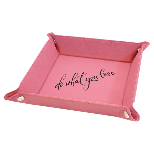 6" x 6" Pink Engraved Faux Leather Snap Up Tray with Silver Snaps - Pink