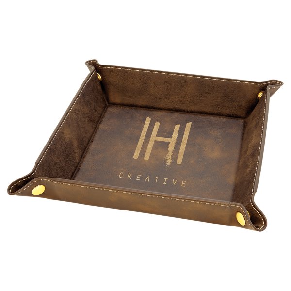 6" x 6" Rustic/Gold Engraved Faux Leather Snap Up Tray with Gold Snaps - Rustic