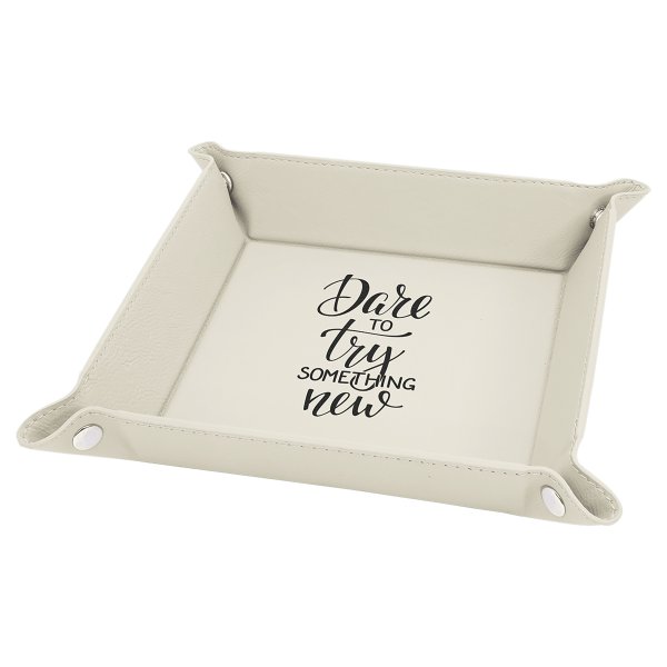 6" x 6" White Engraved Faux Leather Snap Up Tray with Silver Snaps - White
