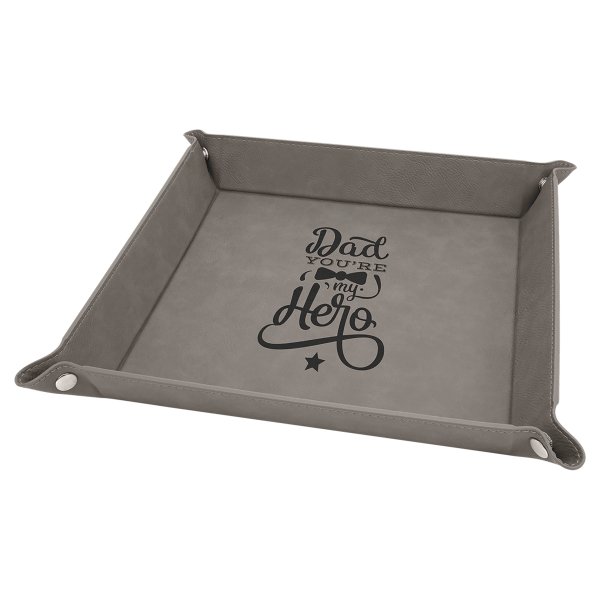 9" x 9" Gray Engraved Faux Leather Snap Up Tray with Silver Snaps - Gray