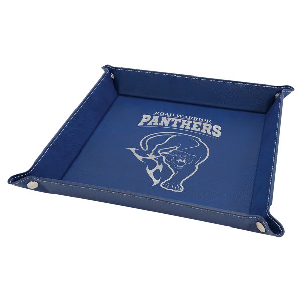 9" x 9" Blue/Silver Engraved Faux Leather Snap Up Tray with Silver Snaps - Blue