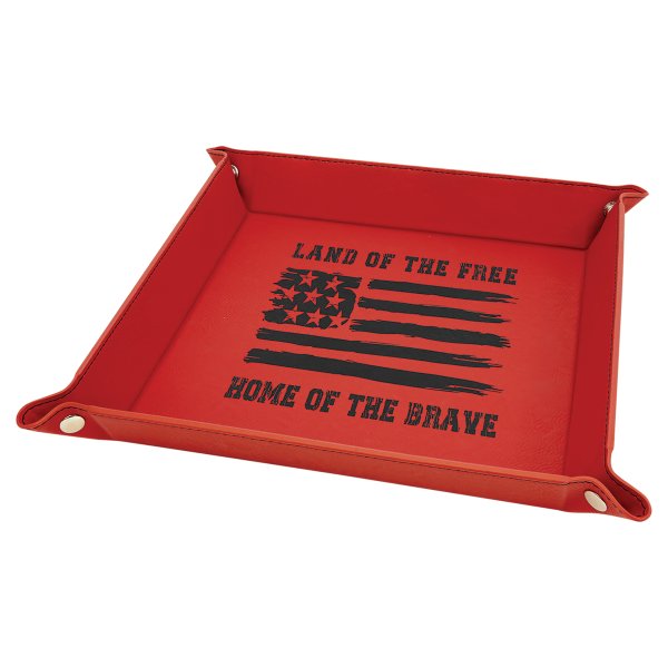 9" x 9" Red Engraved Faux Leather Snap Up Tray with Silver Snaps - Red