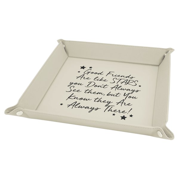 9" x 9" White/Black Engraved Faux Leather Snap Up Tray with Silver Snaps - White