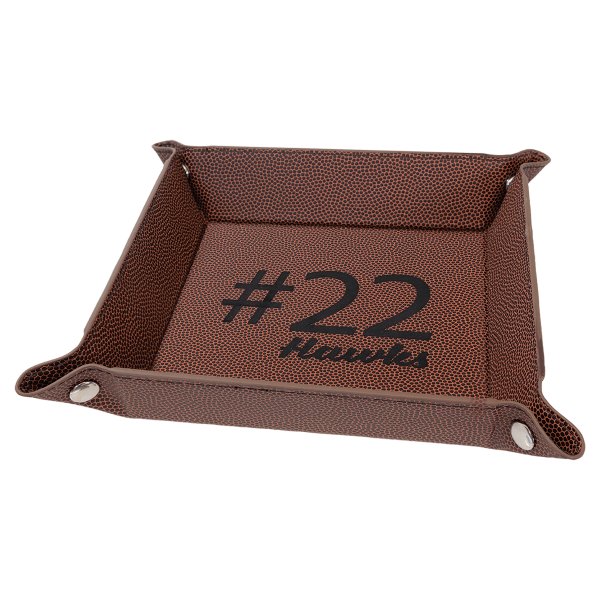 6" x 6" Football Engraved Faux Leather Snap Up Tray with Silver Snaps - Brown