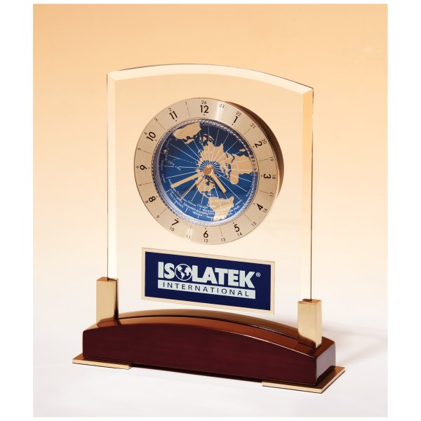 6" x 7 3/4" Glass Clock with World Time Dial on Piano Finish Base, Blue Aluminm Plate - Rosewood,Clear,Blue