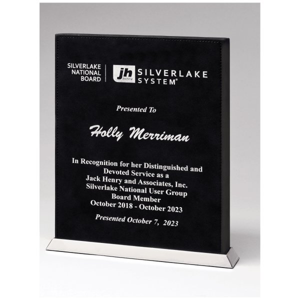 7 1/2" x 10" Black/Silver Laser Leather Desktop Plaque with Chrome Plated Base - Black/Chrome