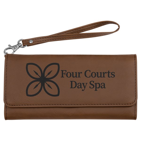 7 1/2" x 4" Dark Brown Engraved Faux Leather Wallet with Strap - Dark Brown