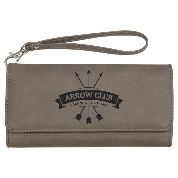 7 1/2" x 4" Gray Engraved Faux Leather Wallet with Strap - Gray