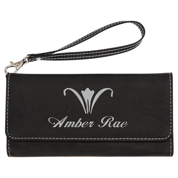 7 1/2" x 4" Black/Silver Engraved Faux Leather Wallet with Strap - Black