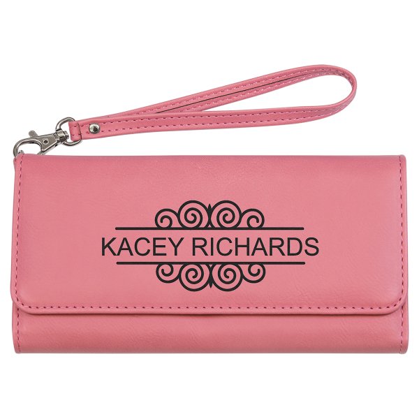 7 1/2" x 4" Pink Engraved Faux Leather Wallet with Strap - Pink