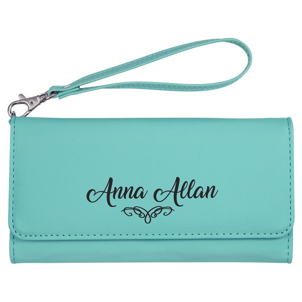 7 1/2" x 4" Teal Engraved Faux Leather Wallet with Strap - Teal
