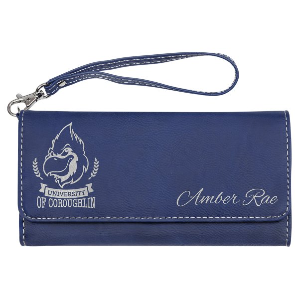 7 1/2" x 4" Blue/Silver Engraved Faux Leather Wallet with Strap - Blue