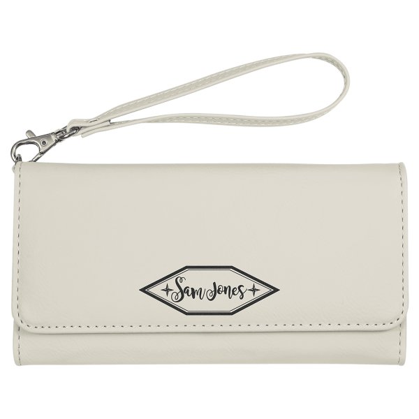 7 1/2" x 4" White Engraved Faux Leather Wallet with Strap - White