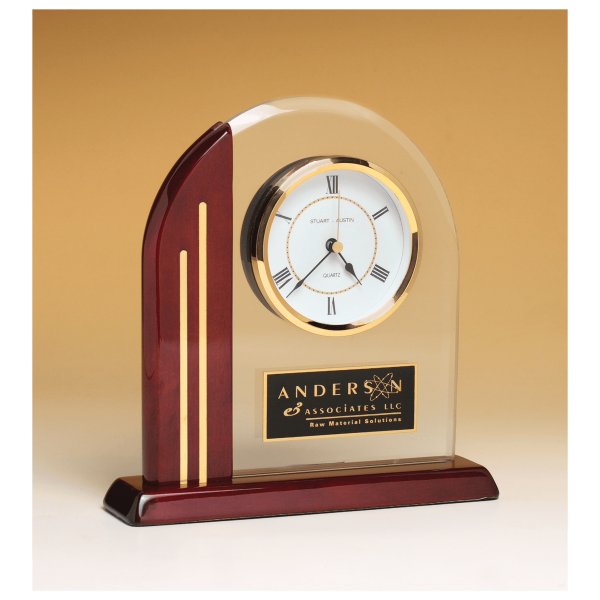 7 1/2" x 7 7/8" Arch Clock with Glass Upright and Rosewood Piano Finish Post and Base with Plate - Rosewood/Gold/Clear