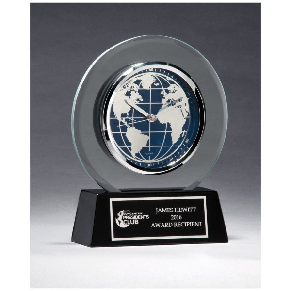 7 1/4" x  8 3/4" Glass Clock with World Dial on Black High Gloss Base, Black Plate - Clear/Black/Blue