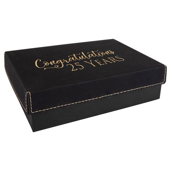 7 3/8" x 5 3/4" Black/Gold Gift Box with Engraved Faux Leather Lid - Black/Gold