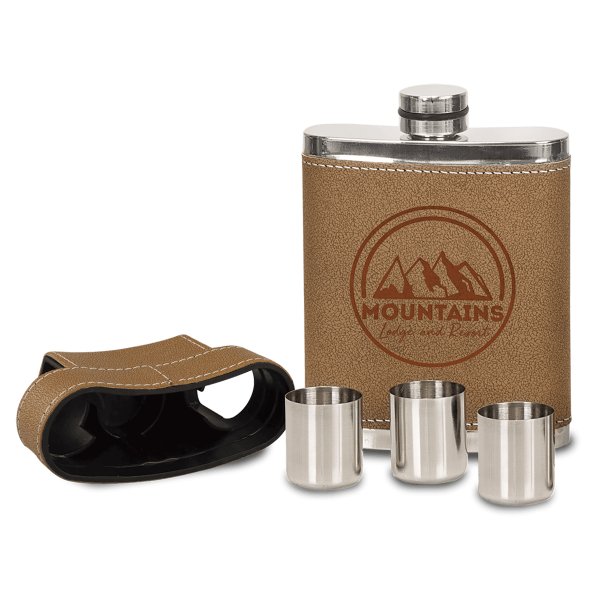7 oz. Leather Flask with Lid & 3 Shot Glasses - Brown