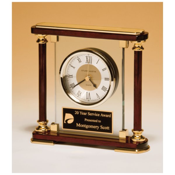 7" x 7" Glass and Rosewood Piano Finish Clock with  Gold Metal Accents and Black Plate - Rosewood/Black/Gold