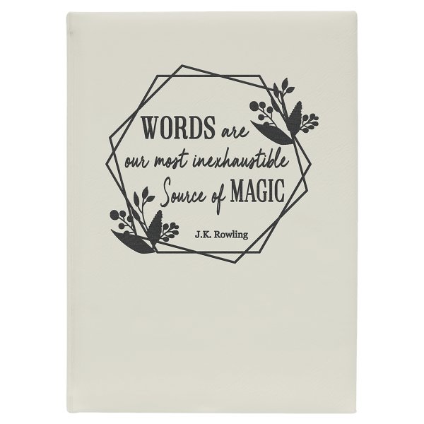 7" x 9 3/4" White/Black Engraved Faux Leather Journal with Lined Notepad - White