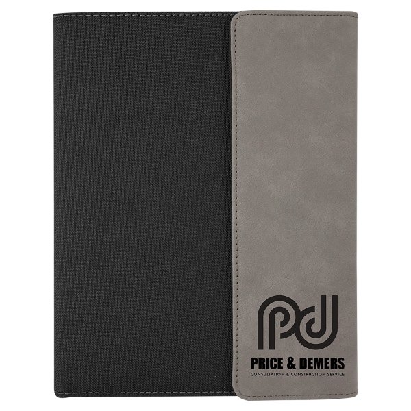 7" x 9" Gray Engraved Faux Leather / Black Canvas Portfolio with Notepad - Gray/Black