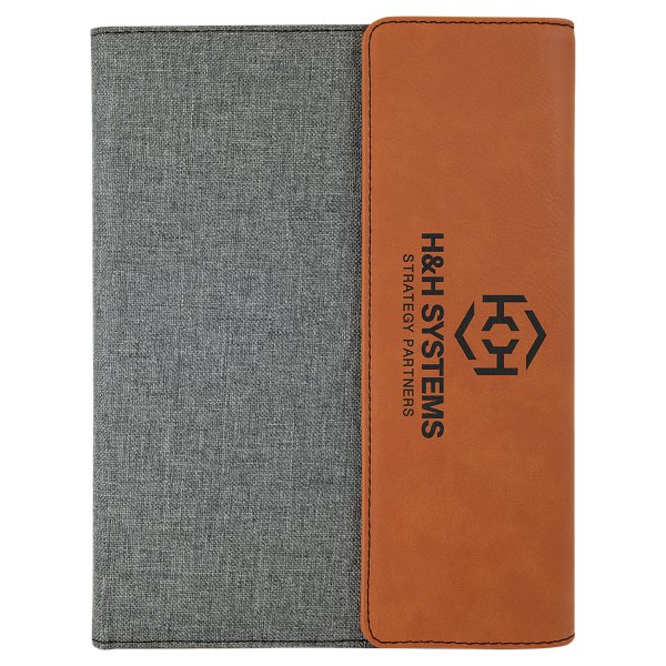 7" x 9" Rawhide Engraved Faux Leather / Gray Canvas Portfolio with Notepad - Rawhide/Gray
