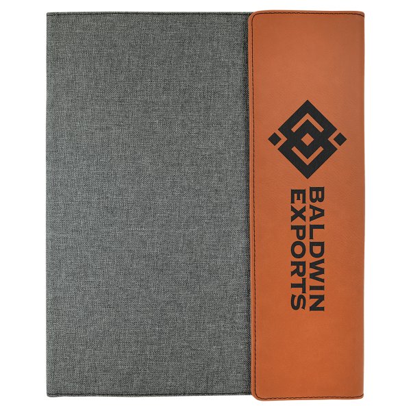 9 1/2" x 12" Rawhide Engraved Faux Leather / Gray Canvas Portfolio with Notepad - Rawhide / Gray