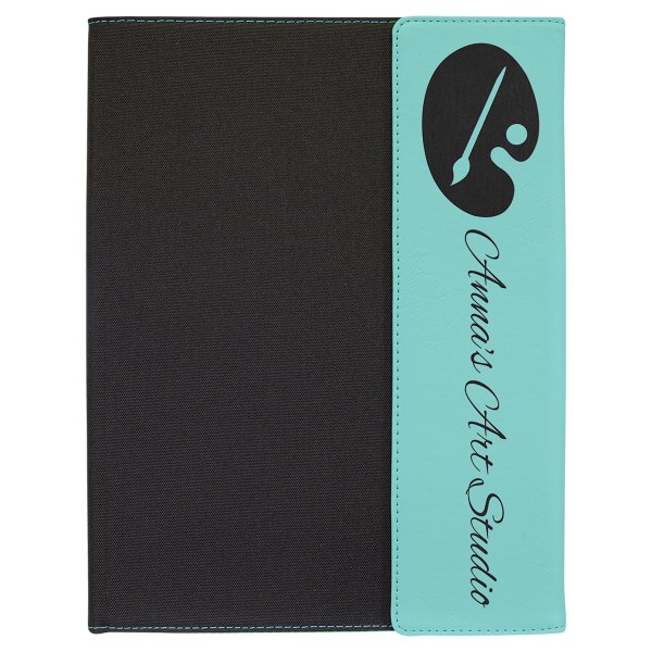 9 1/2"x12" Teal Engraved Faux Leather / Black Canvas Portfolio with Notepad - Teal/Black