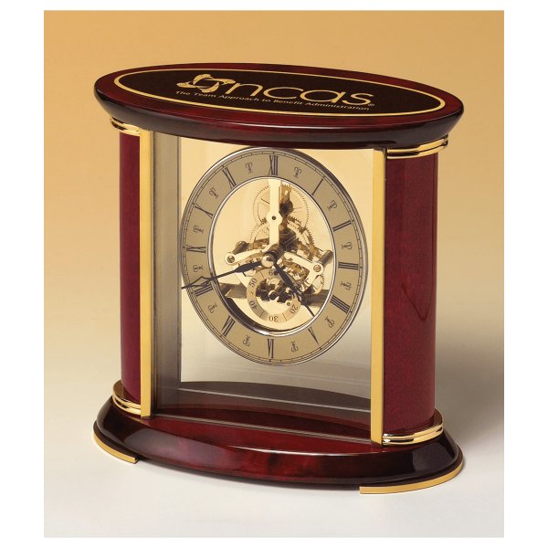 7" x 9" Skeleton Clock w/Sub-Second Dial, Brass Finish Movement, Rosewood Piano Accents, Plate - Rosewood/Gold