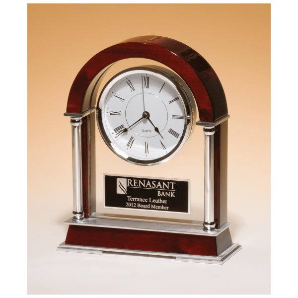 8 1/2" x 10 1/2" Rosewood Piano Finish Mantle Clock, Chrome Plated Posts, Silver Accents with Black Plate - Rosewood/Silver