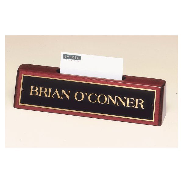 8 1/4" x 2" x 1 1/4" Rosewood Piano Finish Nameplate with Business Card Holder with Black Plate - Rosewood/Black/Gold