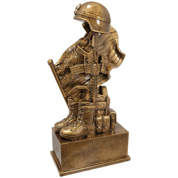 8 3/4" Antique Gold Military Resin Helmet on Rifle with Flag and Boot - Antique Gold
