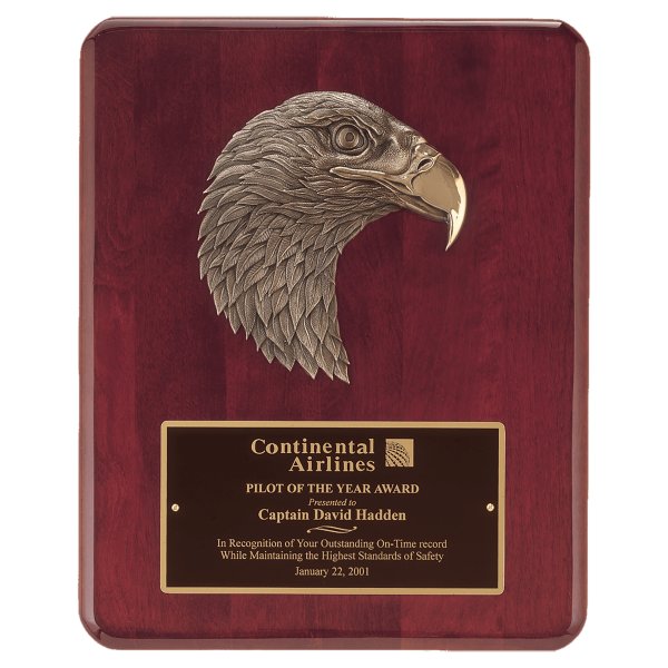 10 1/2" x 13" Rosewood Piano Finish Plaque with Finely Detailed Bronze Eagle Head Casting with Black Custom Engraved Brass Plate - Rosewood/Gold/Black