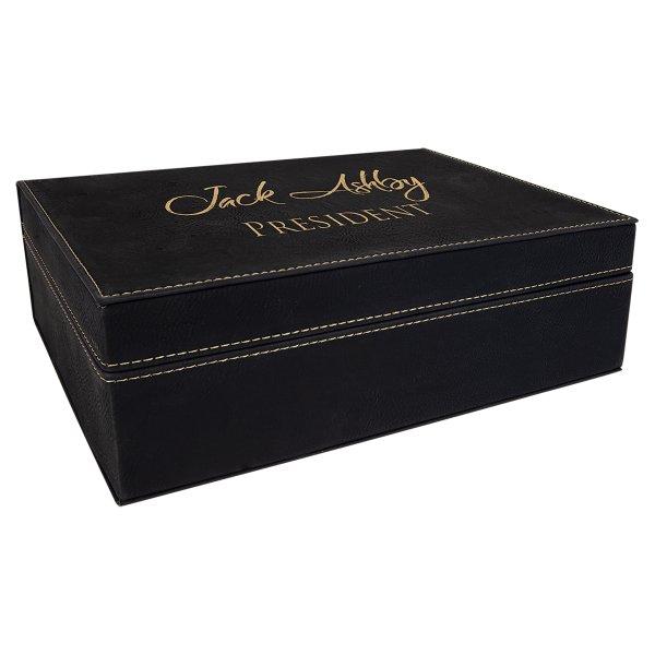 10 1/4" x 7 1/2" Black/Gold Engraved Faux Leather Premium Gift Box - Black/Gold
