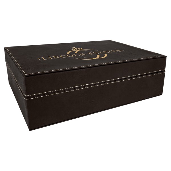 12 1/4" x  8 1/4" Black/Gold Engraved Faux Leather Premium Gift Box - Black/Gold