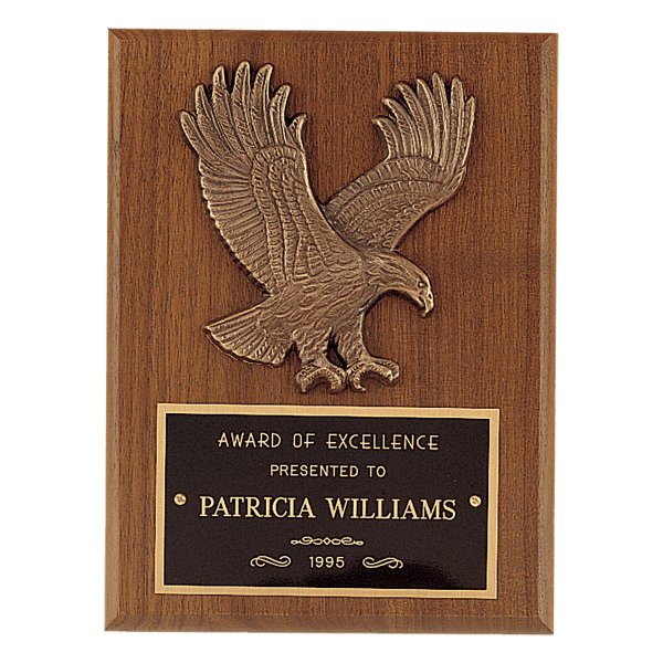 6" x 8" Sculptured Relief Eagle Casting and Laser Engravable Black Plate on an American Walnut Plaque - Walnut/Gold/Black
