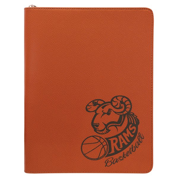 9 1/2" x 12" Basketball w/ Zipper Engraved Faux Leather Portfolio with Notepad - Orange