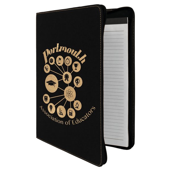 9 1/2" x 12" Black/Gold with Zipper Engraved Faux Leather Portfolio with Notepad - Black