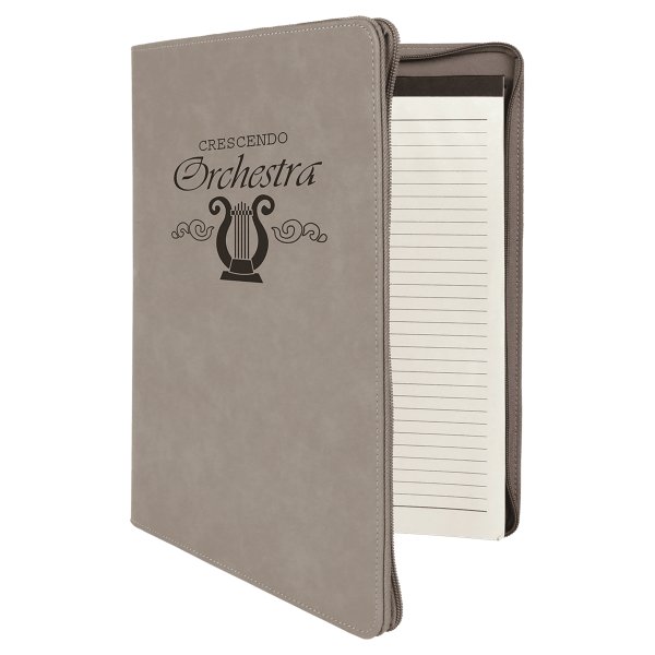 9 1/2" x 12" Gray with Zipper Engraved Faux Leather Portfolio with Notepad - Gray