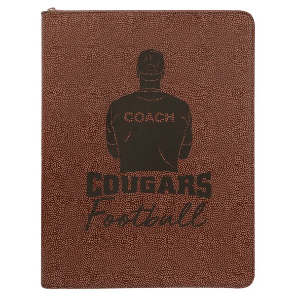 9 1/2" x 12" Football w/ Zipper Engraved Faux Leather Portfolio with Notepad - Brown